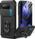 Taisairu for Google Pixel 9A Case with Screen Protector & Slide Camera Lens Cover, Built-in 360°Rotate Magnetic Ring Stand Shockproof Protective Phone Case for Google Pixel 9A Case (Black) by Taisairu