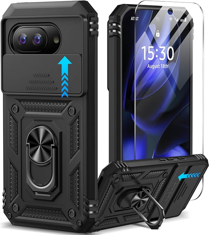 Taisairu for Google Pixel 9A Case with Screen Protector & Slide Camera Lens Cover, Built-in 360°Rotate Magnetic Ring Stand Shockproof Protective Phone Case for Google Pixel 9A Case (Black) by Taisairu