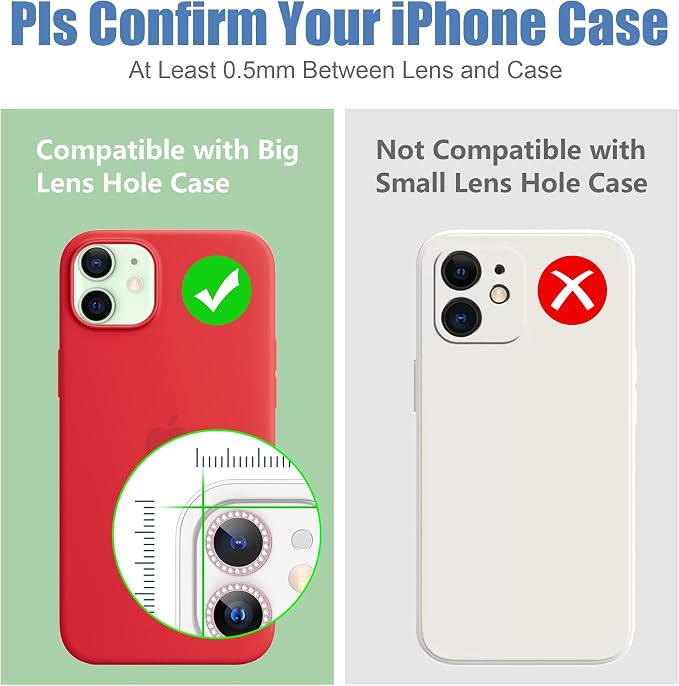 AGVEE 3+3 6 Pack for iPhone 12 & Mini & Pro Camera Lens Protector Cover | Individual Bling Diamond & Bling Glitter Sparkle Cute Gem Metal Ring, 9H Tempered HD Glass - Image 3