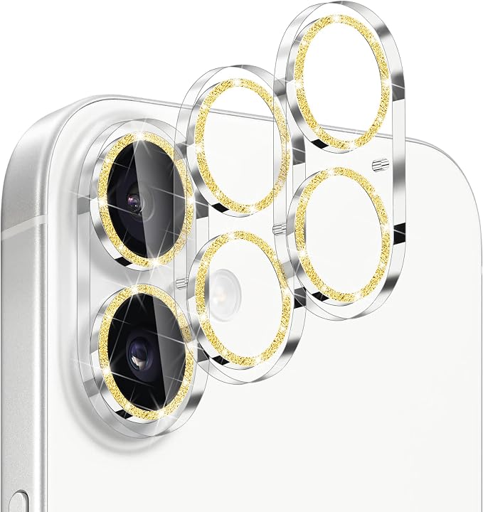 Dengduoduo 3 Pack Camera Lens Protector for iPhone 17, Tempered Glass, Ultra HD, 9H Hardness, Anti-Scratch, Case Friendly,[No Affect on Night Shots], Glitter Gold by Dengduoduo