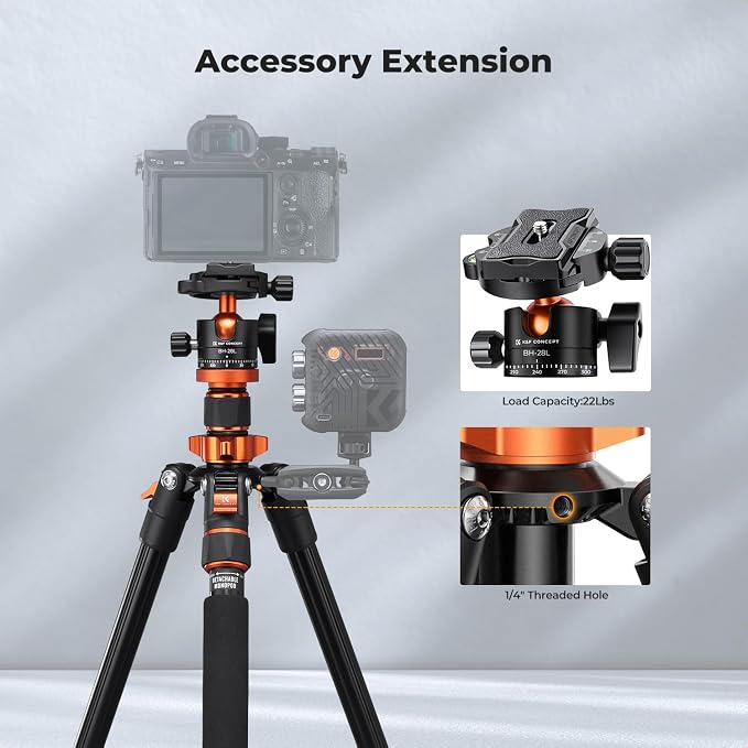 K&F CONCEPT 78" Aluminum Camera Tripod | 81" Monopod, 22lb Max Load, for DSLR/Spotting Scope/Camcorder, Heavy Duty Travel Tripod, O234A7+BH-28L - Image 5