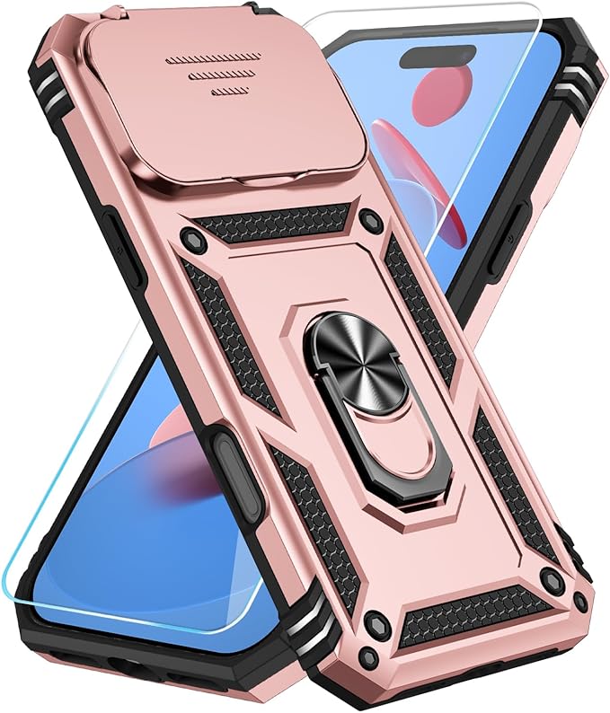 SunStory Phone Case for iPhone 17 Pro Max with HD Screen Protector & Slide Camera Cover & Rotated Ring Kickstand, [Military-Grade] Phone Case for iPhone 17 Pro Max, Rose Gold by SunStory