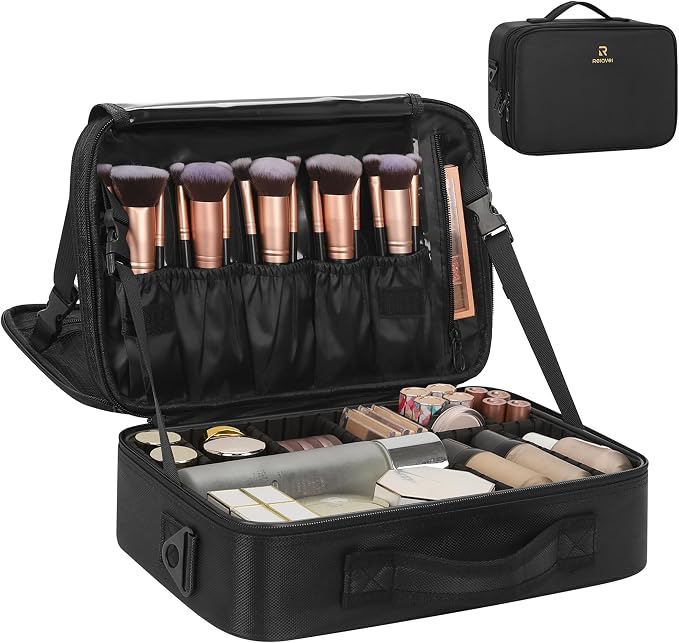 Relavel Makeup Bag Travel Train Case Cosmetic Organizer with Divider, Black | Large Storage Box with Adjustable Dividers and Brush Compartment for Cosmetics, Toiletries, Nail Polish, Jewelry, Electronic by Relavel