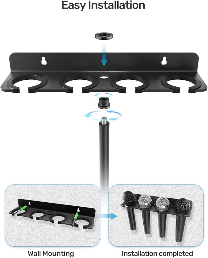 Multi Mic Holder with Mic Stand for 4 Handheld Mics, Weighted Desktop Base | With 5/8 & 3/8 Adapters, Holds Wired/Wireless Mics for Podium, Stage, Church, Home Studio, All Metal, Base with Rubber Pad - Image 7