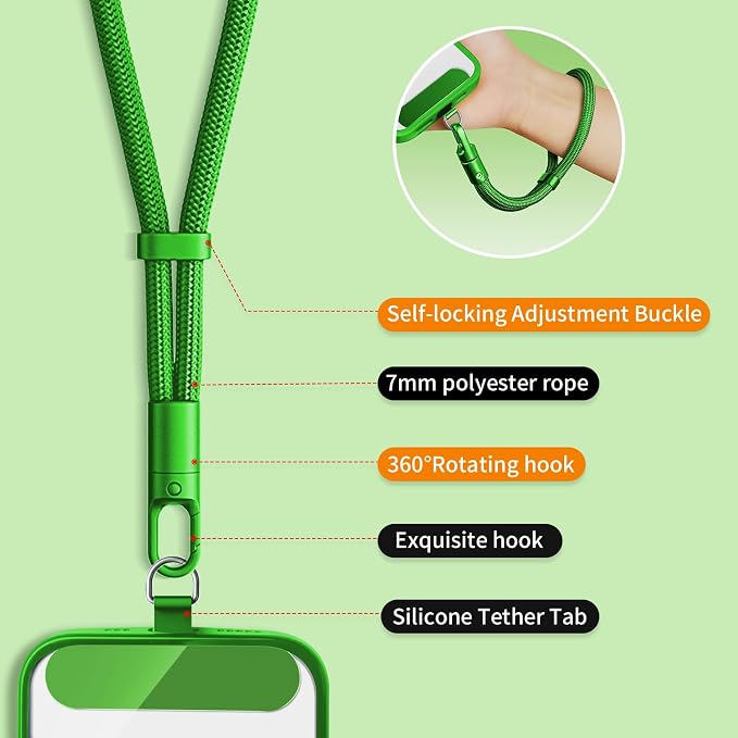 Phone Wrist Strap Lanyard Hand Universal Adjustable Phone Finger Grip Wristlet with 3 Patches Tether Anti Theft for iPhone 16 Pro Max 15 14 Charms for Keychain USB Flash Drive Wallet ID Name Tag Green - Image 5