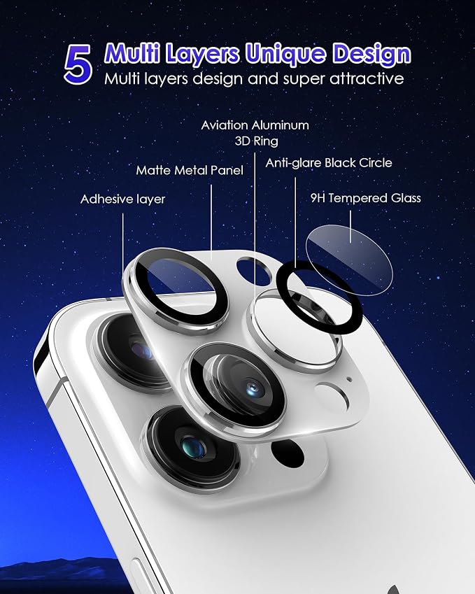 Compatible for iPhone 16 Pro Max/iPhone 16 Pro/iPhone 14 Pro/iPhone 14 Pro Max Camera Lens Protector [Full Coverage Metal] 9H Tempered Glass Camera Cover Titanium Silver+Silver - Image 3