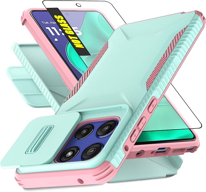 for Motorola G Stylus 5G 2025 Case with Built-in Slide Camera Cover & Screen Protector, [2 in 1] Heavy Duty Rugged Shockproof Protective Cover for Moto G Stylus 5G 2025(Cyan/Pink) by AWZHYDT