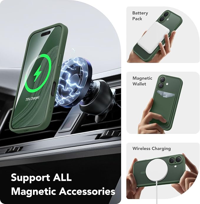 CAPRARO for iPhone 16 Case, Compatible with MagSafe | Upgraded [Full Camera Protection] Protective Translucent Matte Women Girl Magnetic Phone Case Cover, Deep Green - Image 3