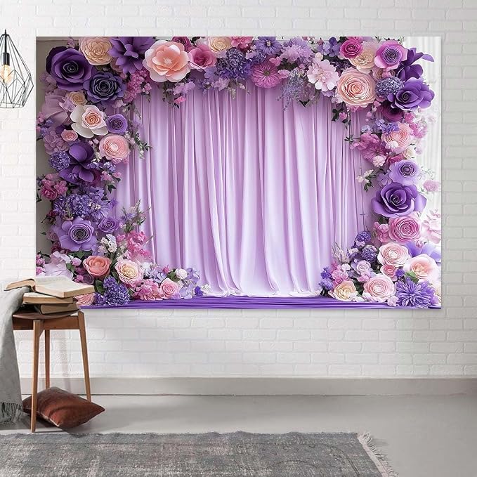 8X6ft Purple Flower Wall Background Photography Lavender Backdrop for Parties Wedding, Girls Birthday Princess Weeding Bridal Shower Purple Floral Anniversary Ceremony Decor. by JAWO