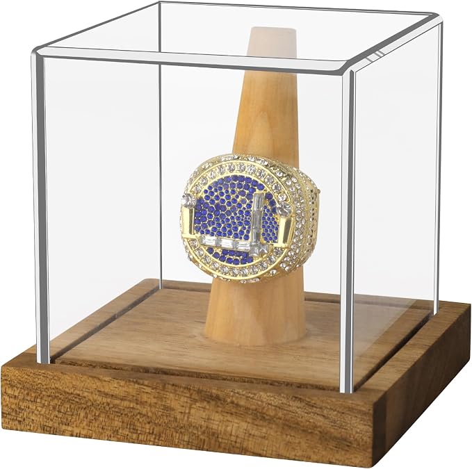 Clear Acrylic Championship Ring Display Case with Wood Stand Base, Memorabilia Stand Cube Holder Dust Protection Transparent Storage Box for Sports Baseball Basketball Fan Souvenir Protection Supplies by Hxezoc
