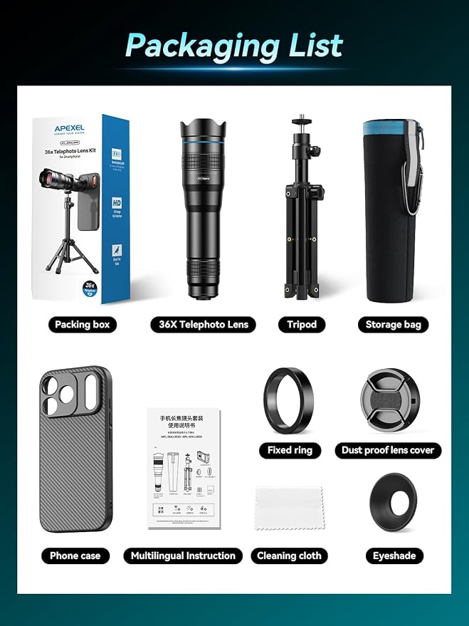 APEXEL 36x Telephoto Lens Compatible with iPhone 17 Pro | Photography for Travel, Birdwatching, Exploration | Kit with Sturdy Metal Tripod and Threaded Phone Case - Image 7