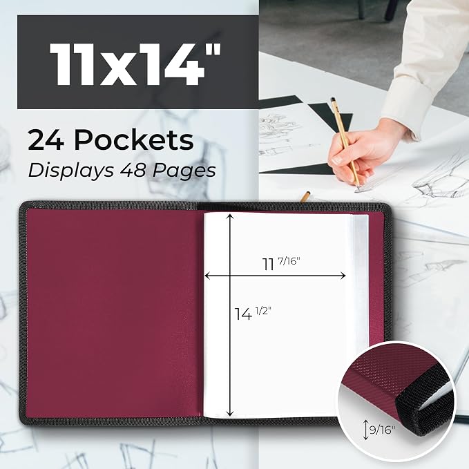 Dunwell 11x14 Art Portfolio Binder, 24-Sleeve, Mounting Paper, Ruby | 24 Clear Sleeves, Displays 48 Pages, Mounting Paper Included, Artwork Storage, Acid-Free Poly Protection - Image 2