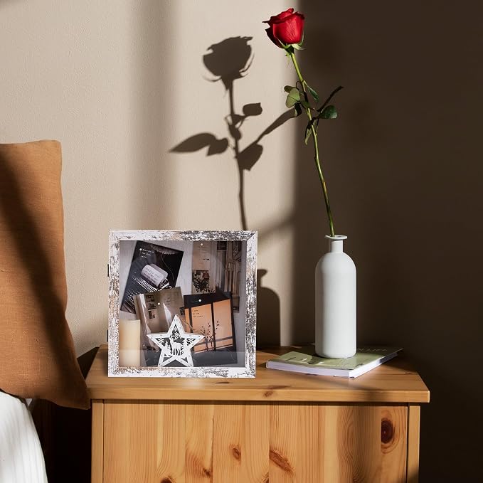 Muzilife 11x11 Shadow Box Picture Frame, 2.16 Deep, Real Glass, Rustic White - Image 6