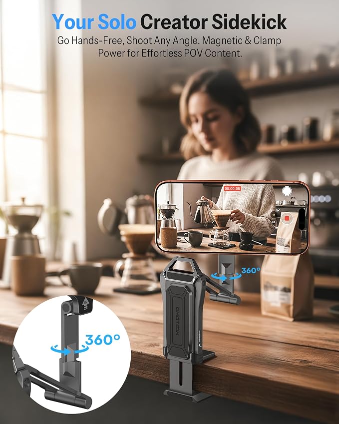 OMOTON TP02-Pro Magnetic Phone Holder, 5-in-1 Tripod Stand with Rear Attachment Plate | Desk, Kitchen, Gym, Vlogging | iPhone 12-17 Series, Grey - Image 3