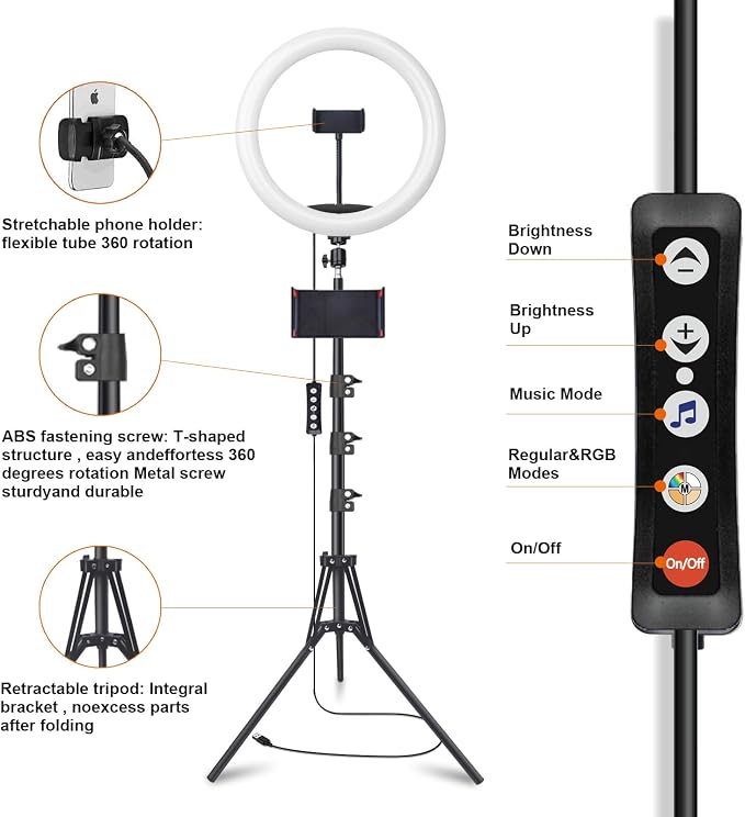 12" Selfie Ring Light with 75" Tripod Stand & 2 Phone Holder, LED Camera Ringlight with 48 RGB Colors Modes & Musical Rhythm Mode and 12 Brightness Dimmable for TikTok/Makeup/Photography/Vlog - Image 8