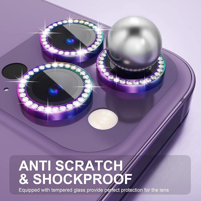 Choiche for iPhone 14 Pro/iPhone 14 Pro Max Camera Lens Protector | Ultra HD, Bling 9H Tempered Glass Camera Cover Screen Protector Metal Ring Decoration Accessories (Diamond-Colorful) - Image 3