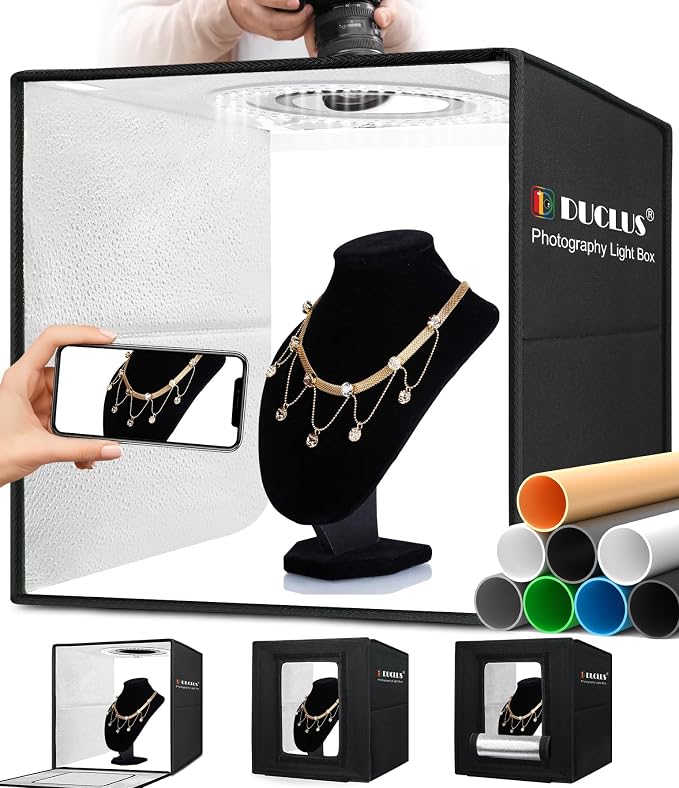Light Box Photography, 16x16 Inch Photo Light Box with 160 Dimmable LED Lights (CRI 97+), 6 PVC & 2 Paper Backdrops, Portable Studio Box for Product Photography: Jewelry, Food, Shoes by DUCLUS