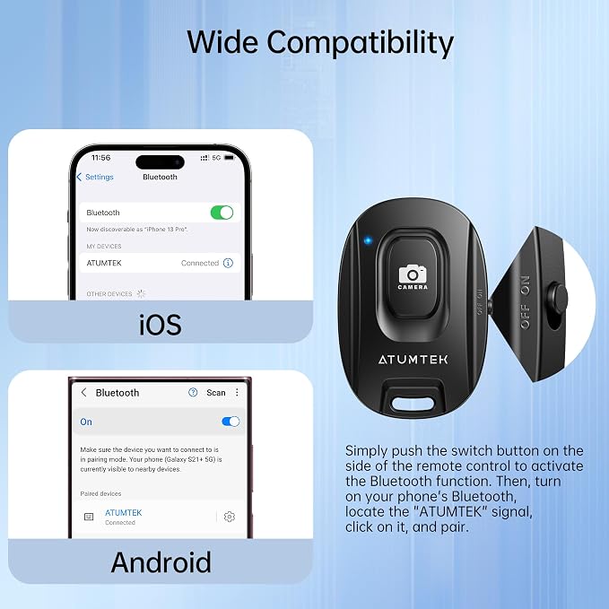 ATUMTEK Camera Remote Shutter for iPhone and Android Smartphones (2 Pack), Wireless Phone Remote Control Selfie Button for Photos and Videos (Bluetooth 5.2), Wrist Strap Included, Black - Image 3
