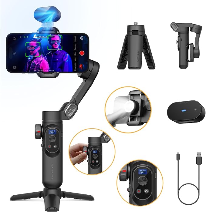 AOCHUAN Gimbal Stabilizer for iPhone with AI Vision Sensor for Face Tracking, 3-Axis Phone Gimbal w/OLED Display for Vlog Recording, Compatible with iPhone/Android-Smart XPro AI Black by AOCHUAN