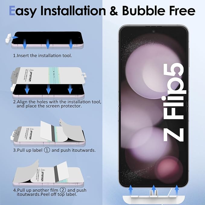 [2 Sets 6 Pack] for Samsung Galaxy Z Flip 5 Screen Protector | Internal Flexible TPU Screen Protector + Outer Tempered Glass Screen Protector + Tempered Glass Camera Lens Protector - Image 7