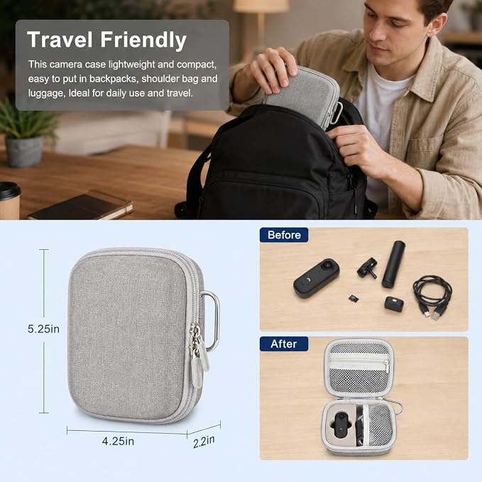Casmilee Hard Mini Body Camera Case for Thumb Action Cam, Box Only | Hard shell 5.2 x 4.25 x 2.2 in case with sponge insert, mesh pockets and carabiner for vloggers, riders and travel - Image 3