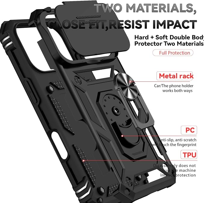 SunStory Phone Case for iPhone 17 Pro Case with HD Screen Protector & Slide Camera Cover & Rotated Ring Kickstand, [Military-Grade] Phone Case for iPhone 17 Pro, Black - Image 8