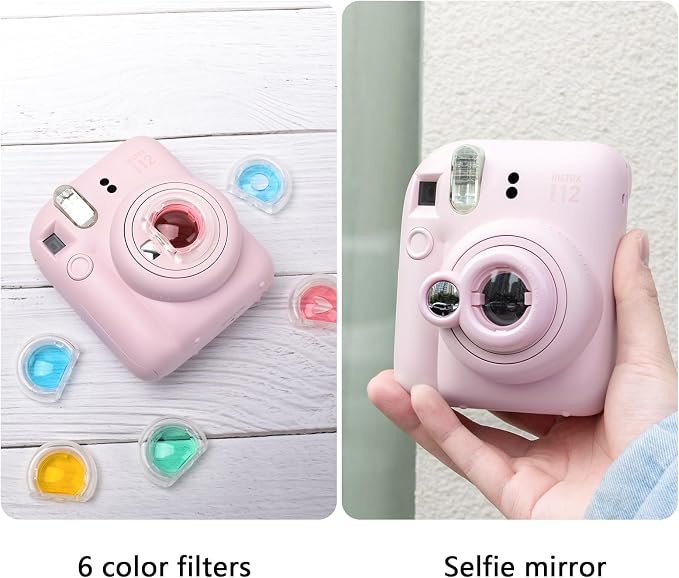 Rieibi Instax Mini 12 Accessories Gift Bundle: Clear Case with Strap, Photo Album, Selfie Mirror, Color Filters, DIY Stickers - Pink - Image 5