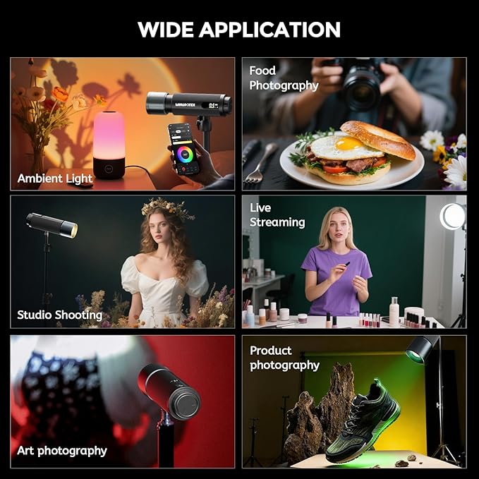 PHOTOOLEX RGB Photography Spotlight, Photography Flashlight, Optical Snoot | 360 ° Color/3500K-7000K/CRI96+/12 Effects/3 Optical Lens/12W Output/PRO, 20 Metal Gobo Filters/9000mAh/APP Control/Portable - Image 4