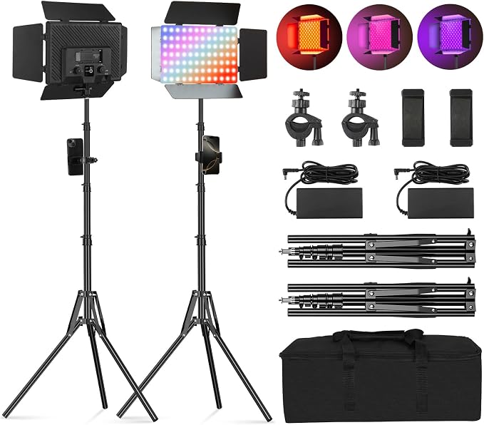 2Pack RGB LED Video Light Kit 12.6in with Barn Door RGB Photography Light | 20W/2500~8500K/14 Effect/2000lux@0.5m LED Panel Light Kit with Light Stand for Gaming Streaming Zoom YouTube Photography by soonpho