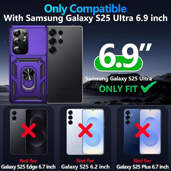 Taisairu for Samsung Galaxy S25 Ultra Case with Screen Protector & Slide Camera Lens Cover, Built-in Magnetic Ring Stand Shockproof Protective Phone Case for Samsung S25 Ultra Case (Purple) - Image 9