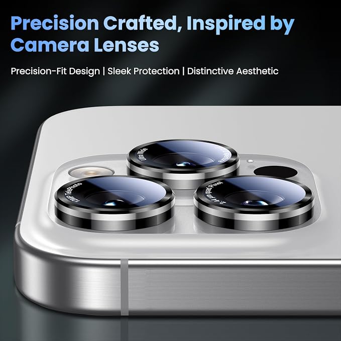 Uyiton for iPhone 17/16/15/14 (Pro Max & Pro) Camera Lens Protector | Unique Lines Text Design, Case-Friendly, Military-Grade Sapphire Glass Metal Camera Cover, Easy to Install, Black+Silver - Image 2