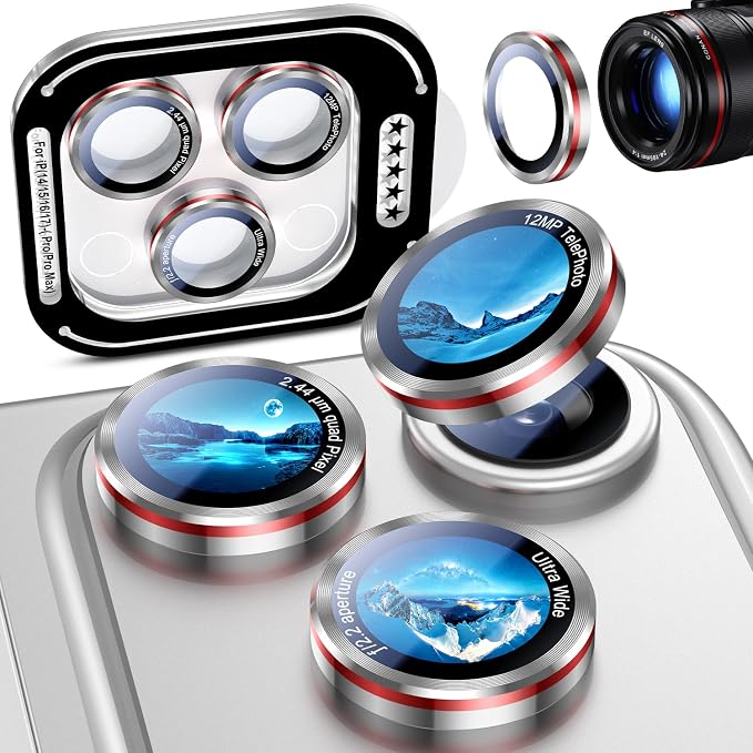 Uyiton for iPhone 17/16/15/14 (Pro Max & Pro) Camera Lens Protector | Unique Lines Text Design, Case-Friendly, Military-Grade Sapphire Glass Metal Camera Cover, Easy to Install, Silver+Red by Uyiton