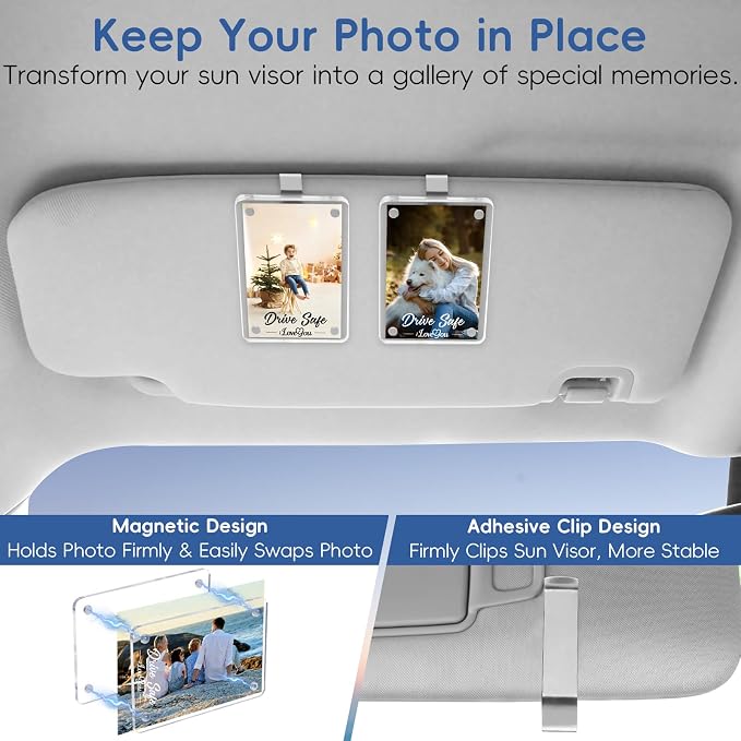 2 Pack Car Picture Holders for Father Visor Clip Photo Frame Acrylic Magnetic Picture Frames Drive Safe Daddy Personalized for Cars Display Memorial Family Couple Pet Wallet Size Photos 2.4 × 3.5 inch - Image 3