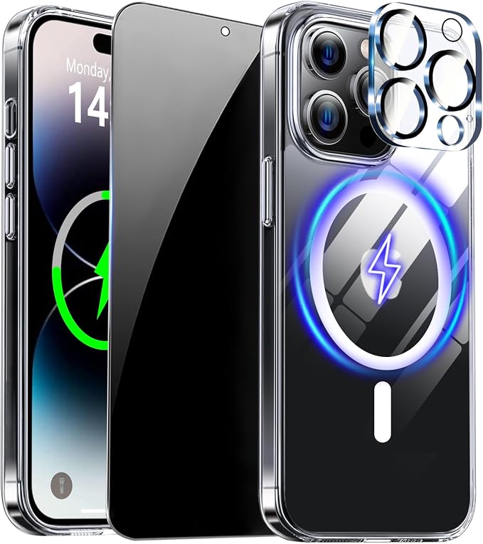 for iPhone 14 Pro Max Case Clear with Privacy Screen Protector | Full Camera Protection, Transparent Magnetic, Compatible with MagSafe, Shockproof Phone Cover, Slim Fit by ZOZDOKG