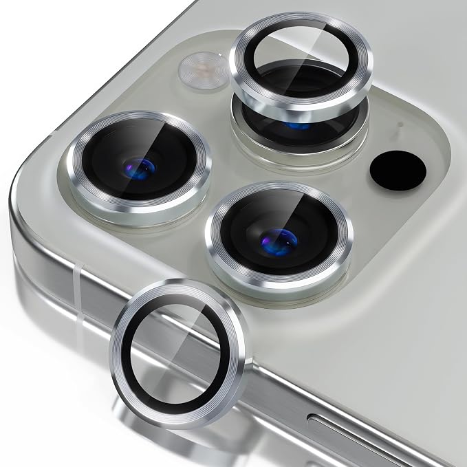 Misea Compatible for iPhone 16 Pro/iPhone 16 Pro Max Camera Lens Protector | 9H Tempered Glass Ultra HD Bling Camera Screen Protector Cover Metal Individual Ring Decoration Accessories, Silver by Misea