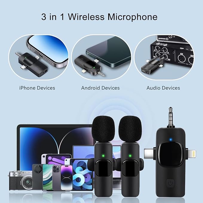 Mini Microphone, 3 in 1 Wireless Microphone for iPhone, iPad, Android, Camera, Professional Wireless Lavalier Lapel Mics for Recording, YouTube, TikTok - Image 2