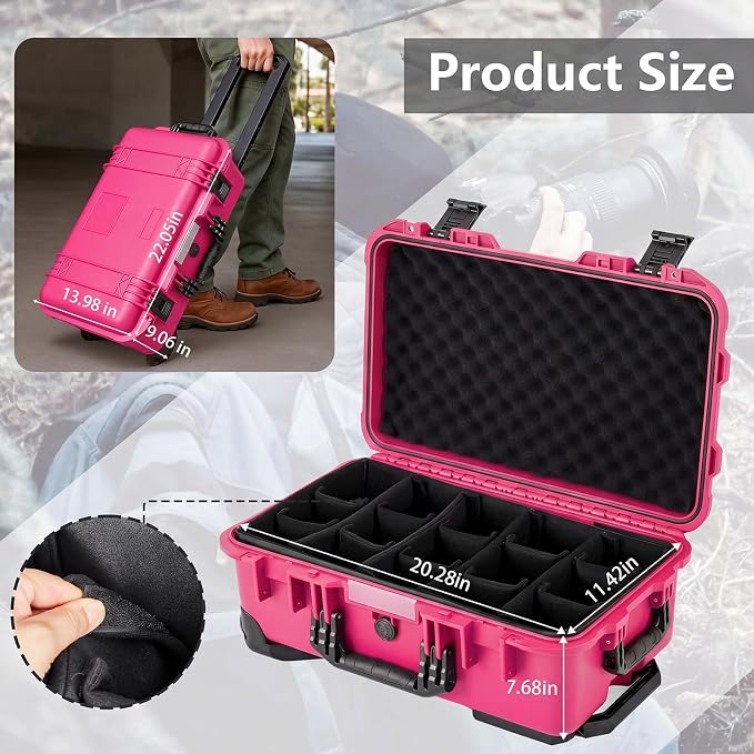 Relaxweex Rolling Camera Hard Case with Padded Dividers & Wheels, Impact-resistant Hard Shell Travel Case for Cameras, Lenses & Accessories(22 x 14 x 9 Inch,Rose Red) - Image 2