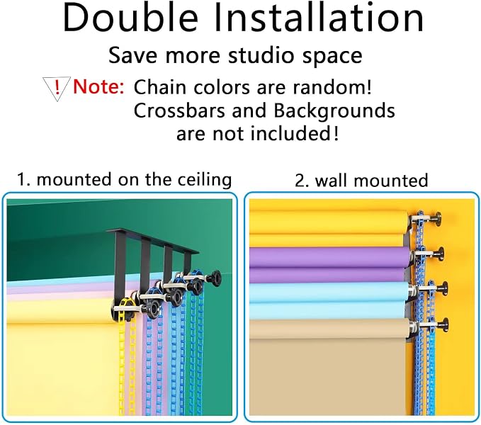Photography Backdrop Wall Mount Roller System 4 Support Rollers | Manual Photo Background Ceiling Holder, Including 2 Four-fold Hooks, 8 Expand Bars, 4 Chains, for Home Studio Live Shooting - Image 2