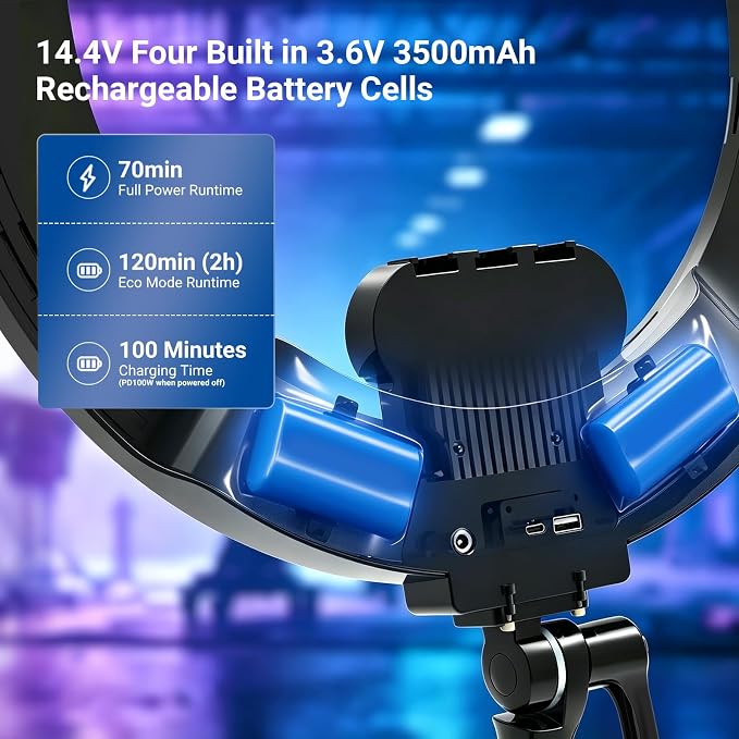 NEEWER 18" Ring Light, Wireless Professional Edge Lit Lighting with Tripod Stand, 45W 2900K-7000K CRI97+, 14.4V 3500mAh Battery, Phone Selfie Video Makeup Studio Streaming Photography, RB18B - Image 6