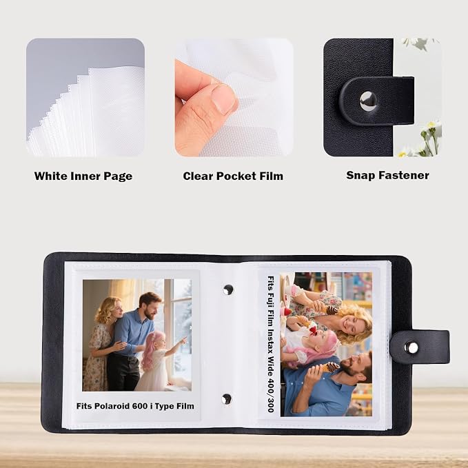 Ruibytree Small Photo Album for Polaroid 600, i-Type & SX-70 Film, Black | Compact Design, PU Leather Cover, Snap Closure, Acid-Free Pages, 52 Side-Loading Pockets Fits 3.5x4.25 Inch Instant Photos - Image 3