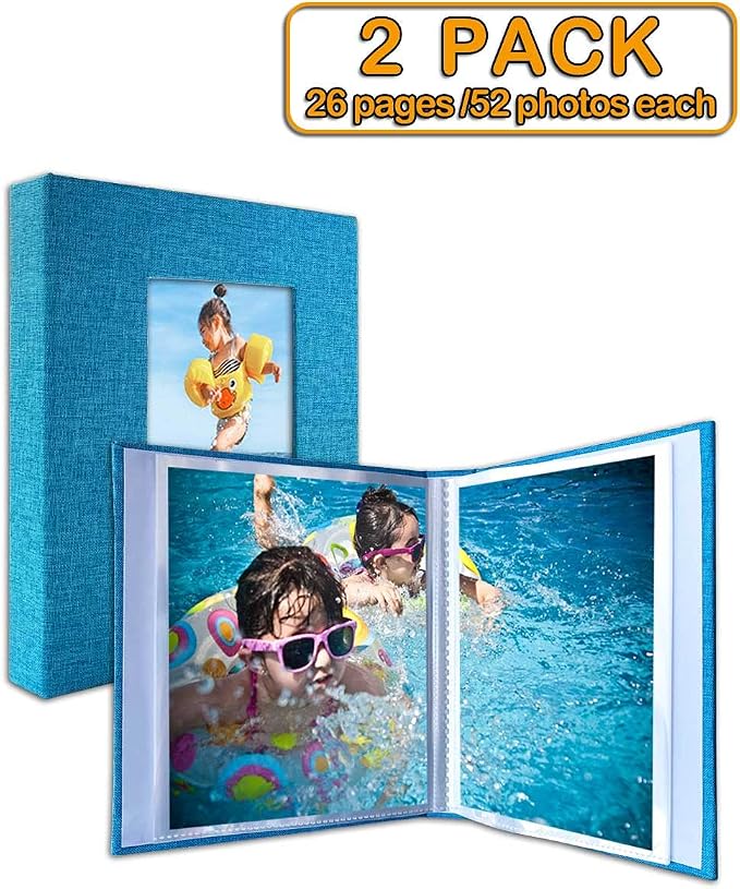 GPIRAL Small Photo Album 4x6 – Clear Pages, Linen Cover with Front Window, Pack of 2, Each Album Holds 52 Photos, Small Brag Book for 4x6 Photos, Blue Fabric - Image 3