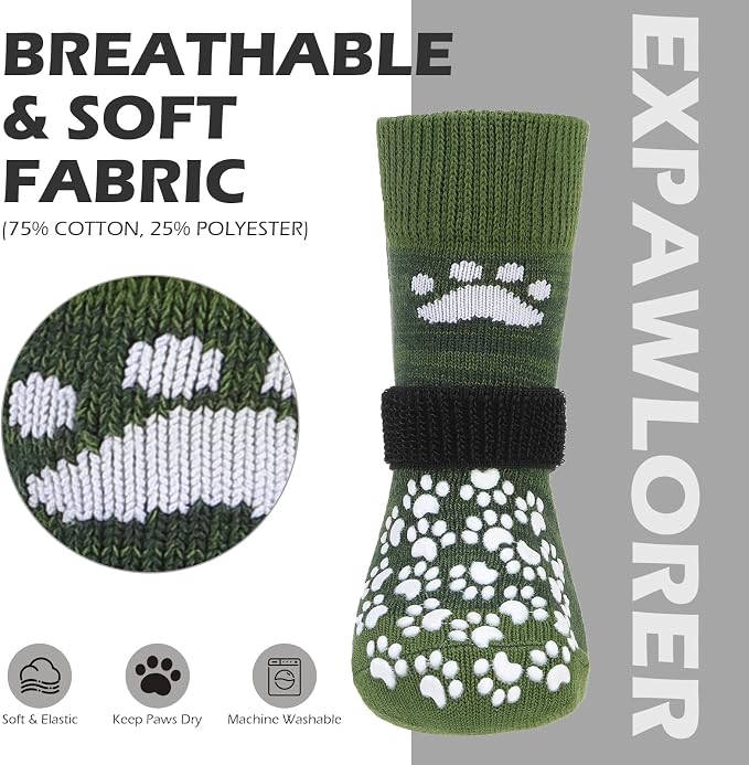 EXPAWLORER Anti Slip Dog Socks to Prevent Licking Paws, Shoes for Hot Pavement, Dog Booties for Small Medium Large Senior Dogs, Traction Control Boots & Paw Protectors for Hardwood Floors ArmyGreen - Image 4