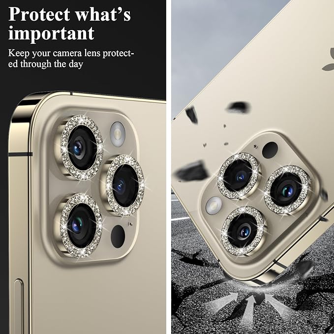 YWXTW Designed for iPhone 14 Pro/iPhone 14 Pro Max Camera Lens Protector Bling, [New Glitter Design] Individual Metal Tempered Glass Camera Cover Accessories Case Friendly, 1 Set (Gold Glitter) - Image 6