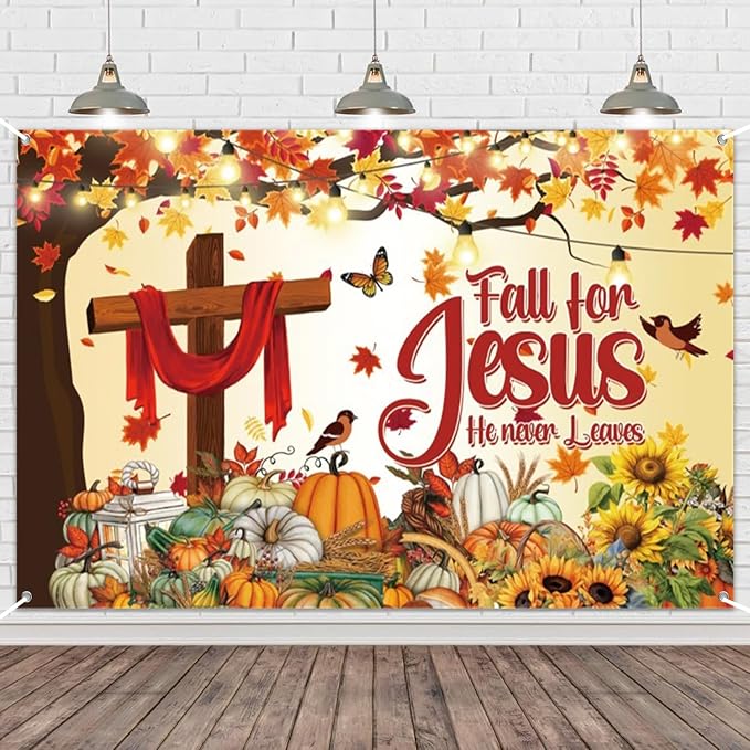 Thanksgiving Banner 8x6ft Polyester Fall for Jesus He Never Leaves Banner Outdoor Happy Thanksgiving Backdrop Fall Decorations for Party Pumpkin Patch Backdrop - Image 5