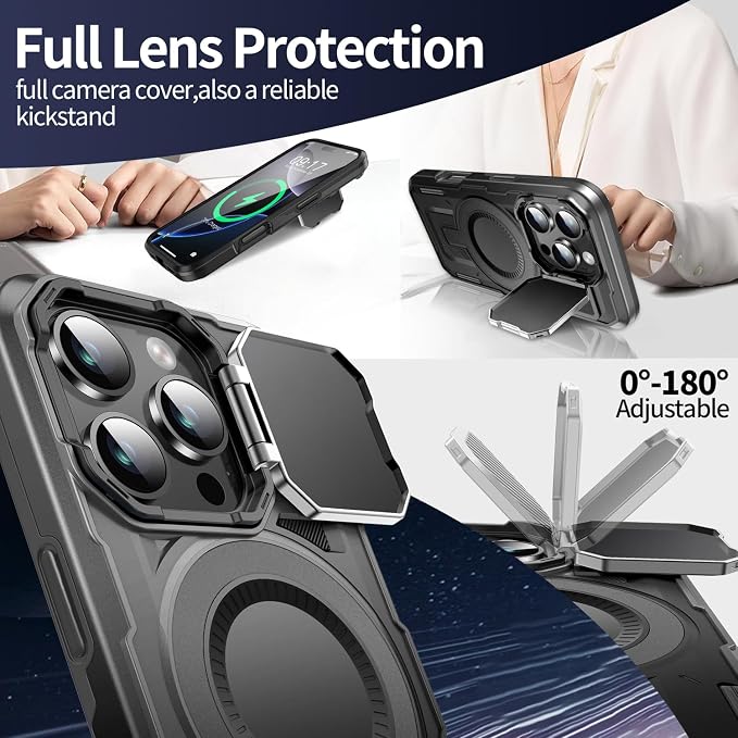 Camera Stand Case for iPhone 16 Pro Max, [Compatible with MagSafe] [Lens Cover] 2024 Version Military Grade Protective Soft Case for iPhone 16 Pro Max 6.9 inch Men Women, Black - Image 3