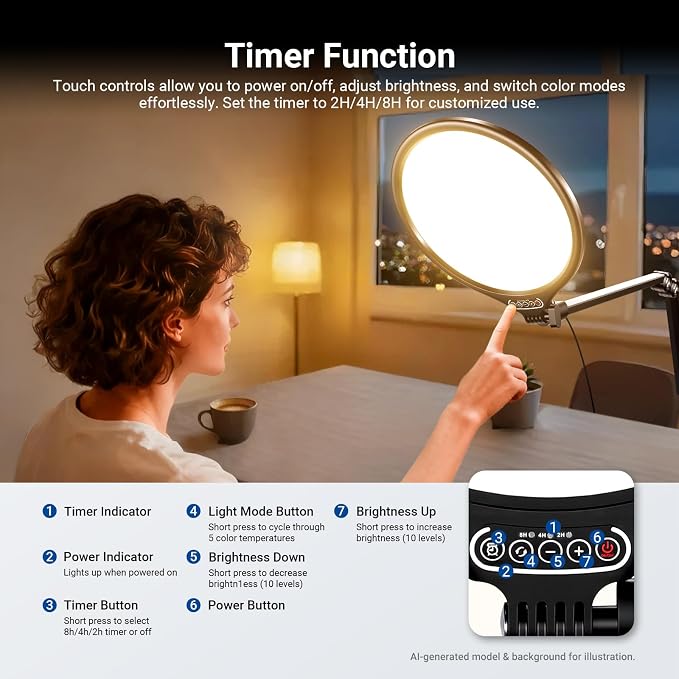 NEEWER Basics 10.5" Streaming Key Lighting, 3000-6500K 15W Full Screen LED Panel Ring Light with Adjustable Arm Stand Desk Clamp Timer for Laptop Computer Video Conference Zoom Makeup, R10 - Image 4