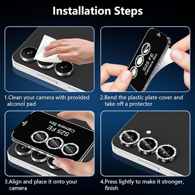 for Samsung Galaxy S25 FE Camera Lens Protector, Individual Metal Ring Tempered Glass Lens Cover, [Strong Adsorption] Scratch Resistant Ultra-Thin HD Clear Lens Cover, 1 Set-Black Diamond - Image 6