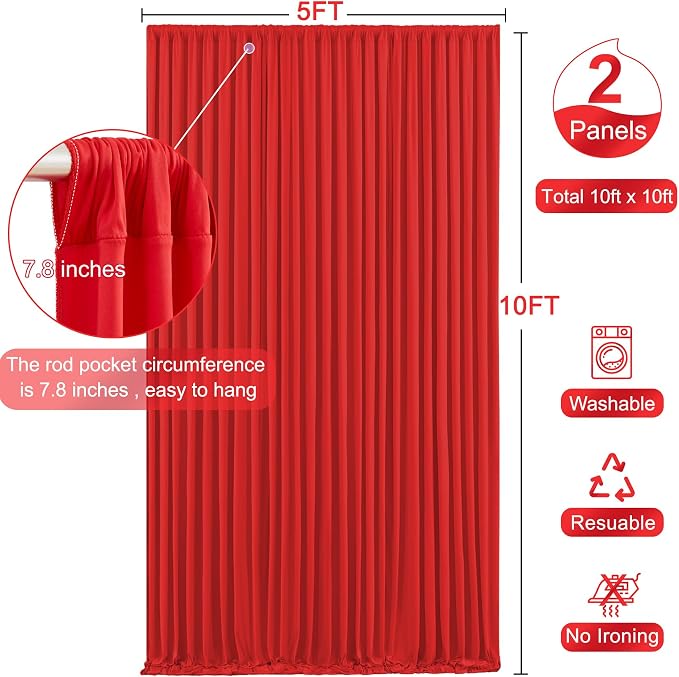 10x10 Red Backdrop Curtain for Parties Wedding Wrinkle Free Red Photo Curtains Backdrop Drapes Fabric Decoration for Birthday Party Baby Shower Christmas 5ft x 10ft,2 Panels - Image 5