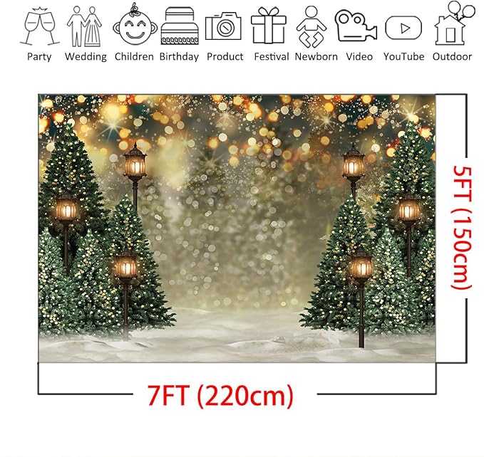 Mocsicka 7x5ft Winter Christmas Backdrop for Photography Christmas Glitter Bokeh Green Pine Tree Lamps Photo Backdrop Xmas Family Pictures for Kids Newborn Photography Background - Image 5