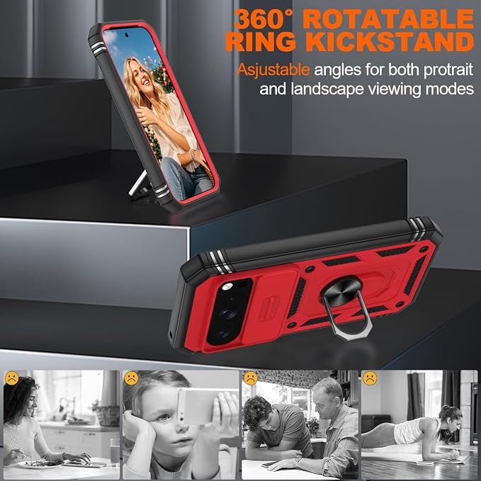 Gritup for Pixel 10 Case: Pixel 10 Pro Case with 2*Screen Protector, Magnetic Stand & Slide Camera Cover, Shock Proof Military-Grade para Google Pixel 10/10 Pro Cover, Red+Black - Image 8